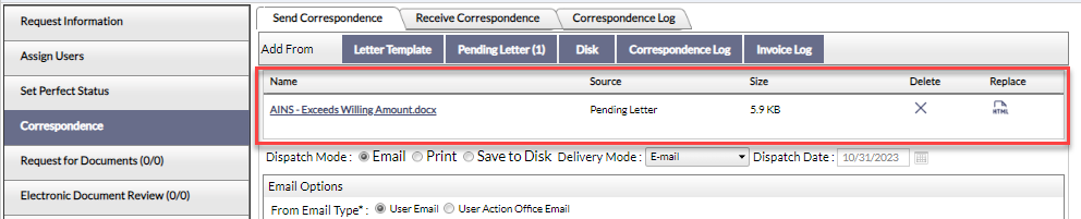 Pending Letter Attached to Correspondence